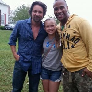 Martin Henderson, ​Kaitlynn Stone, and DeVon Franklin on set of Miracles from Heaven