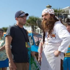 Mike Mitchell directs Antonio Banderas as Burger-Beard the Pirate on the set of The SpongeBob Movie: Sponge Out of Water.
