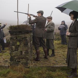 Minkie Spiro on set Downton at Alnick Castle Moors with Michelle Dockery and Matthew Goode