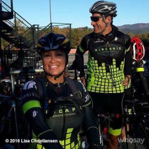 WhoSay caught George Hincapie and Lisa Christiansen preparing for the lead group Hincapie was a key domestique of Lance Armstrong and was the only rider to assist Armstrong in all seven of his Tour de France victories
