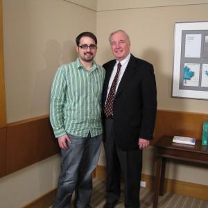 Joshua Jamieson with former Prime Minister Rt Hon Paul Martin following an interview for Just Himself the story of Don Jamieson in Montreal PQ
