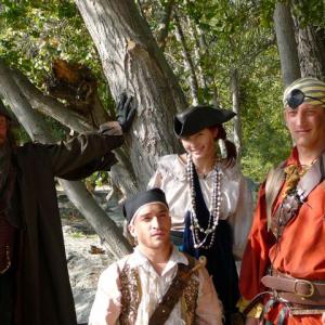 Josh Feinman, Corbin Bernsen, Candace Accola and Nic Novicki pause for a photo op on the set of PIRATE CAMP(2007)
