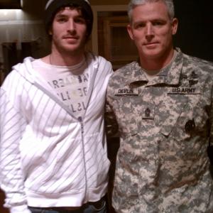 Jeff Joslin as CSM Dennis Devlin on the set of Army Wives with his son Justice.