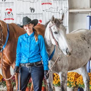 Lindsey and her two horses at the 2015 Thoroughbred Makeover competition